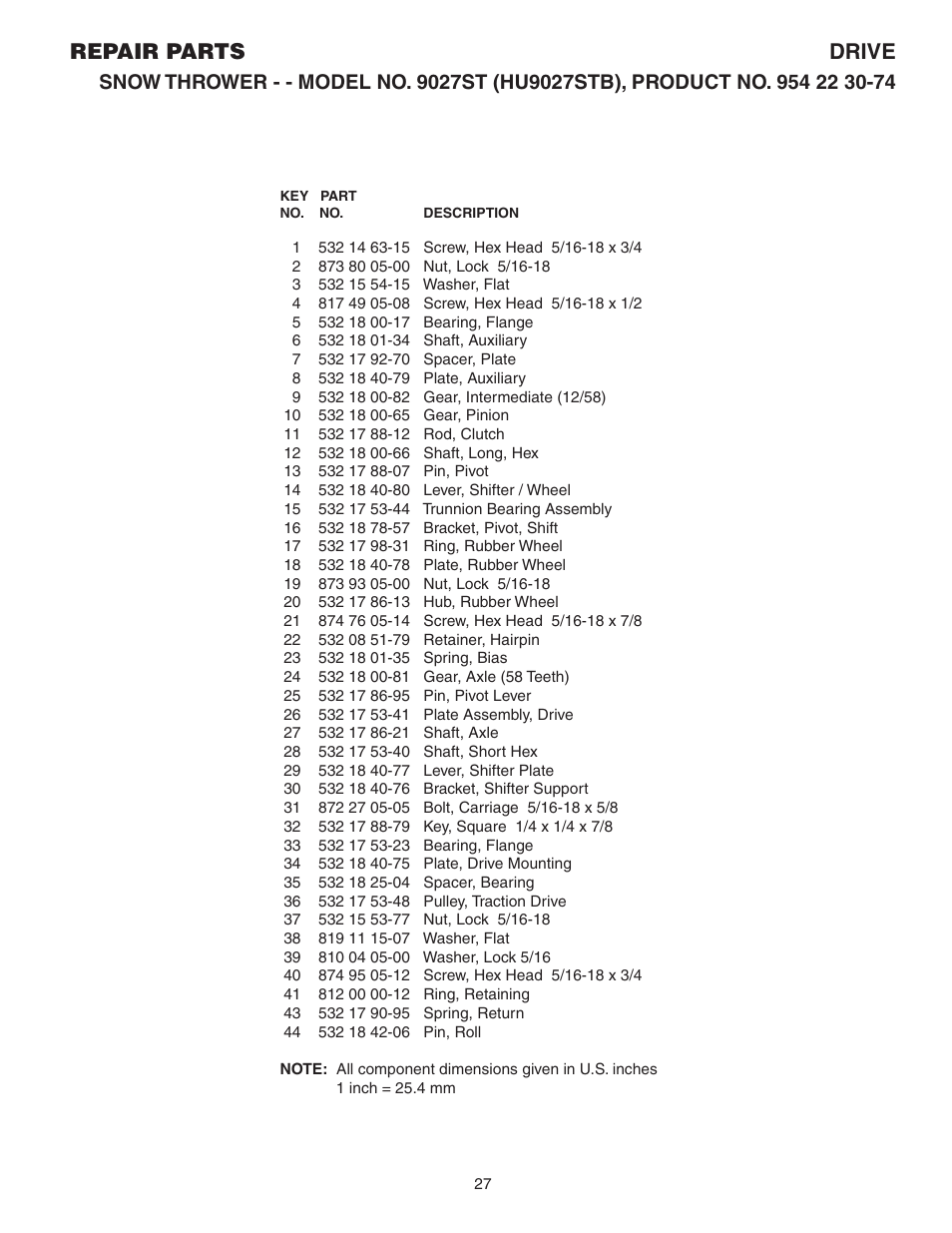 Parts list, Repair parts drive | Husqvarna 9027ST User Manual | Page 27 / 32