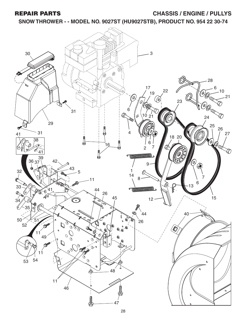 Chassis/ engine/ pulleys, Repair parts chassis / engine / pullys | Husqvarna 9027ST User Manual | Page 28 / 32