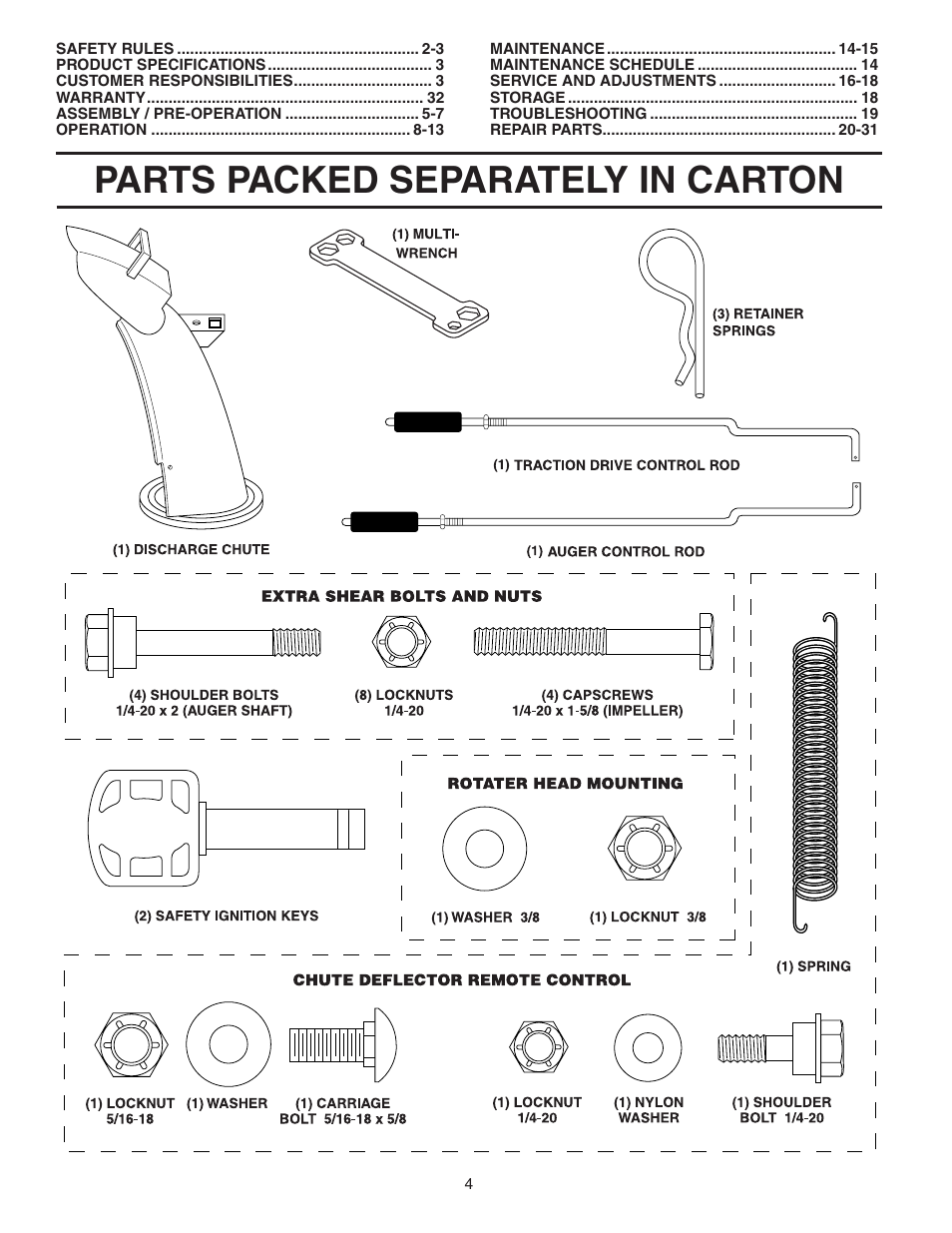 Unassembled parts, Parts packed separately in carton | Husqvarna 9027ST User Manual | Page 4 / 32