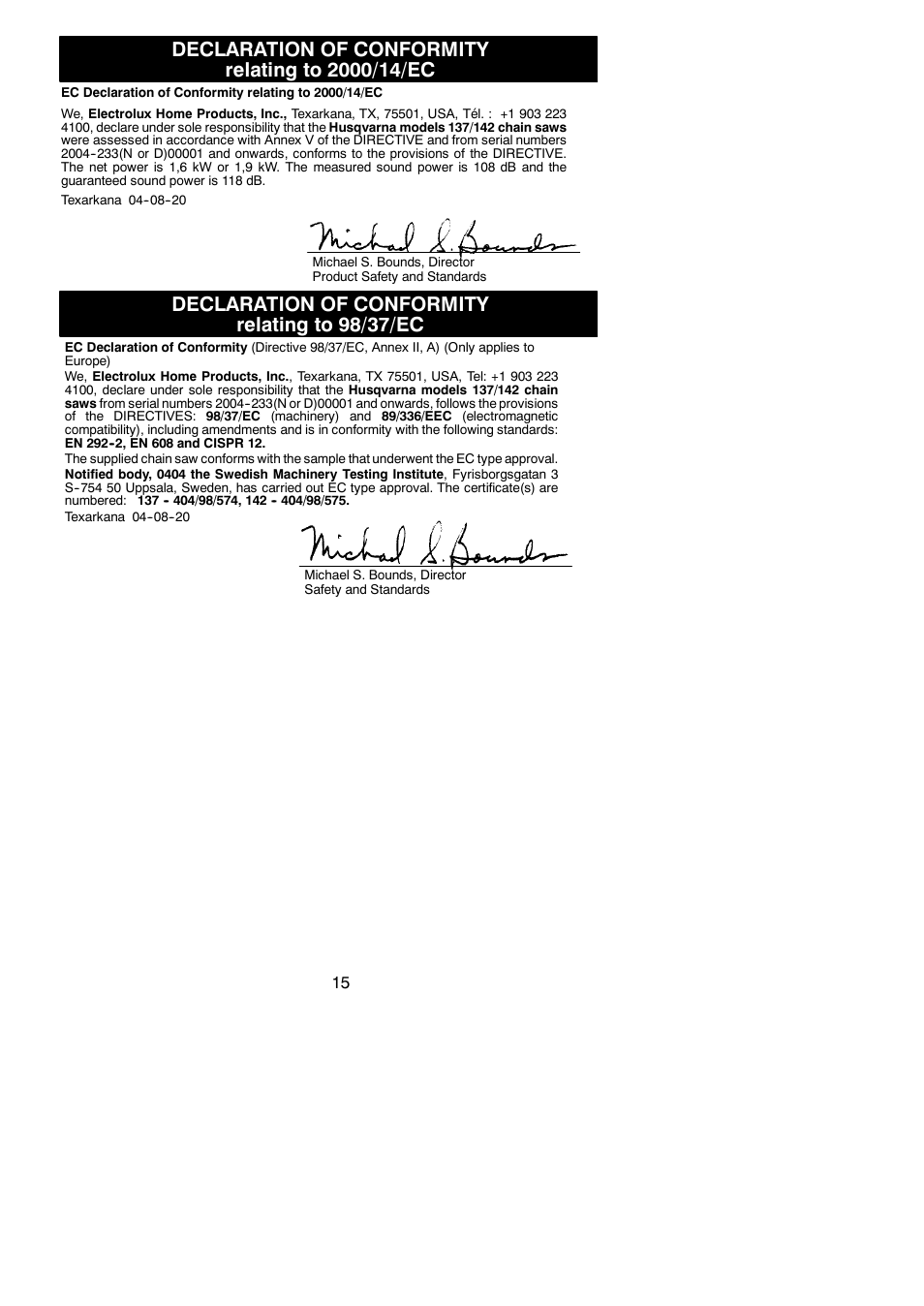 Declaration of conformity relating to 2000/14/ec, Declaration of conformity relating to 98/37/ec | Husqvarna 137 User Manual | Page 15 / 16