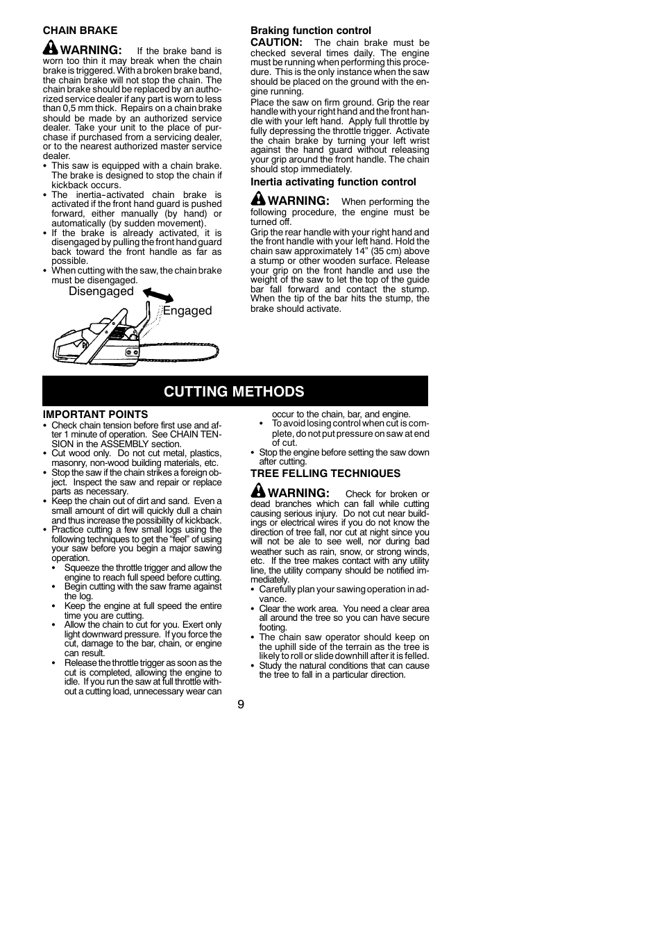 Cutting methods, Warning, Disengaged engaged | Husqvarna 137 User Manual | Page 9 / 16