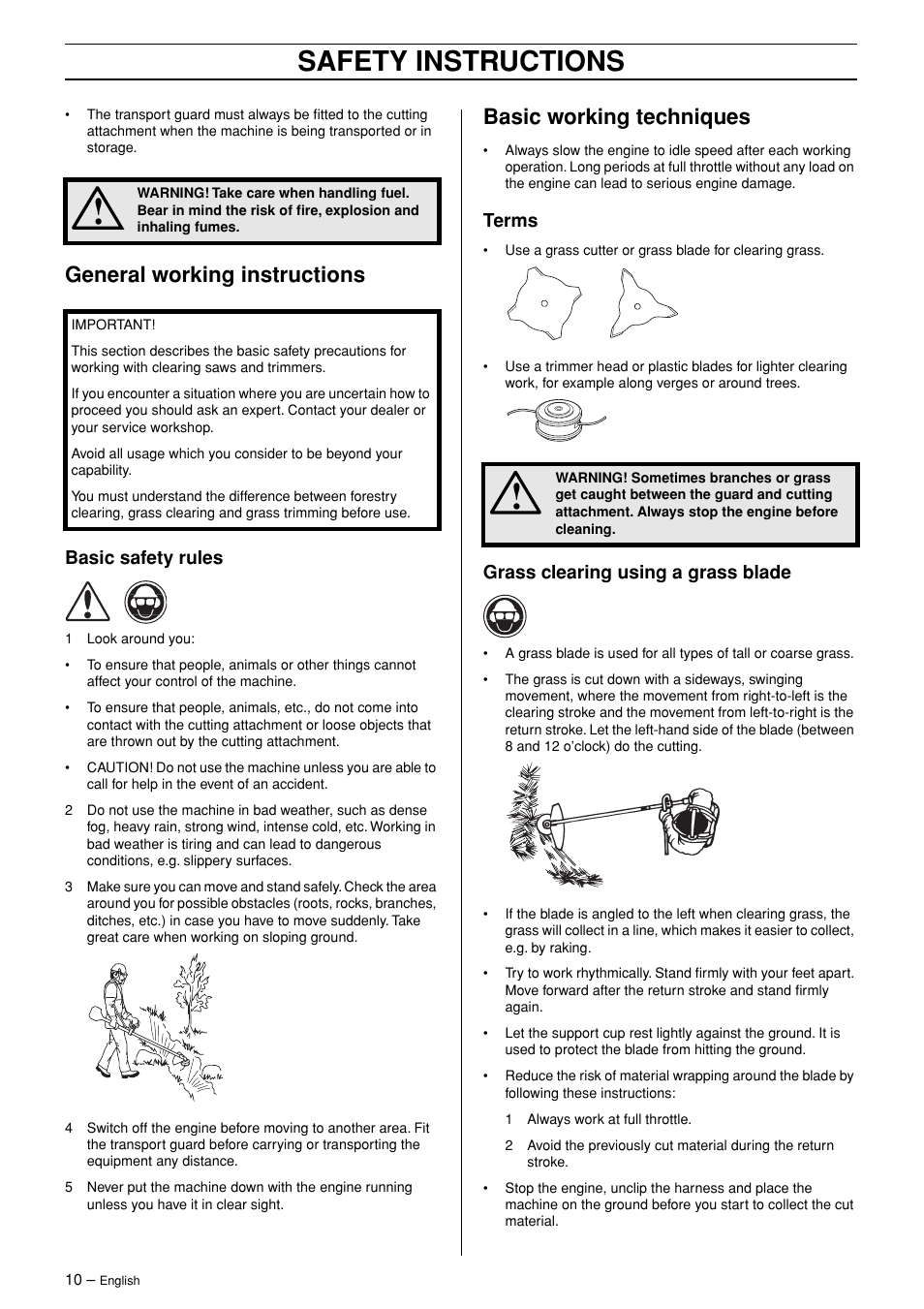 General working instructions, Basic safety rules, Basic working techniques | Terms, Grass clearing using a grass blade, Safety instructions | Husqvarna 323RJ  EN User Manual | Page 10 / 36