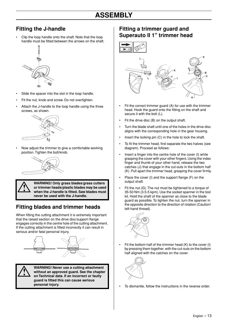 Fitting the j-handle, Fitting blades and trimmer heads, Assembly | Husqvarna 323RJ  EN User Manual | Page 13 / 36