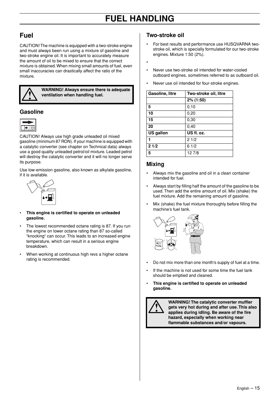 Fuel, Gasoline, Two-stroke oil | Mixing, Fuel handling | Husqvarna 323RJ  EN User Manual | Page 15 / 36