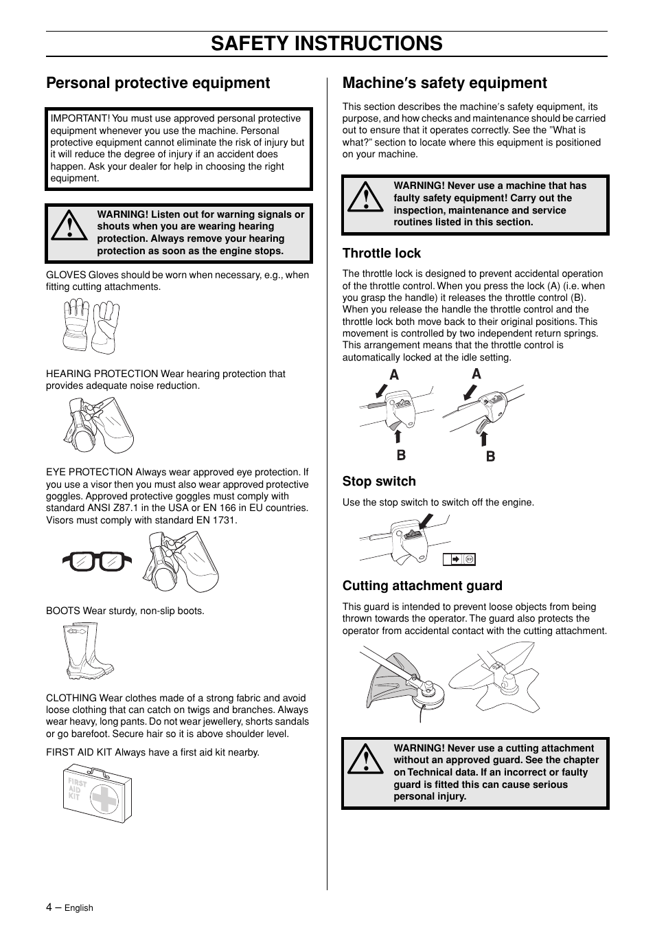 Personal protective equipment, Machine¢s safety equipment, Throttle lock | Stop switch, Cutting attachment guard, Safety instructions, Machine ′′′′ s safety equipment | Husqvarna 323RJ  EN User Manual | Page 4 / 36