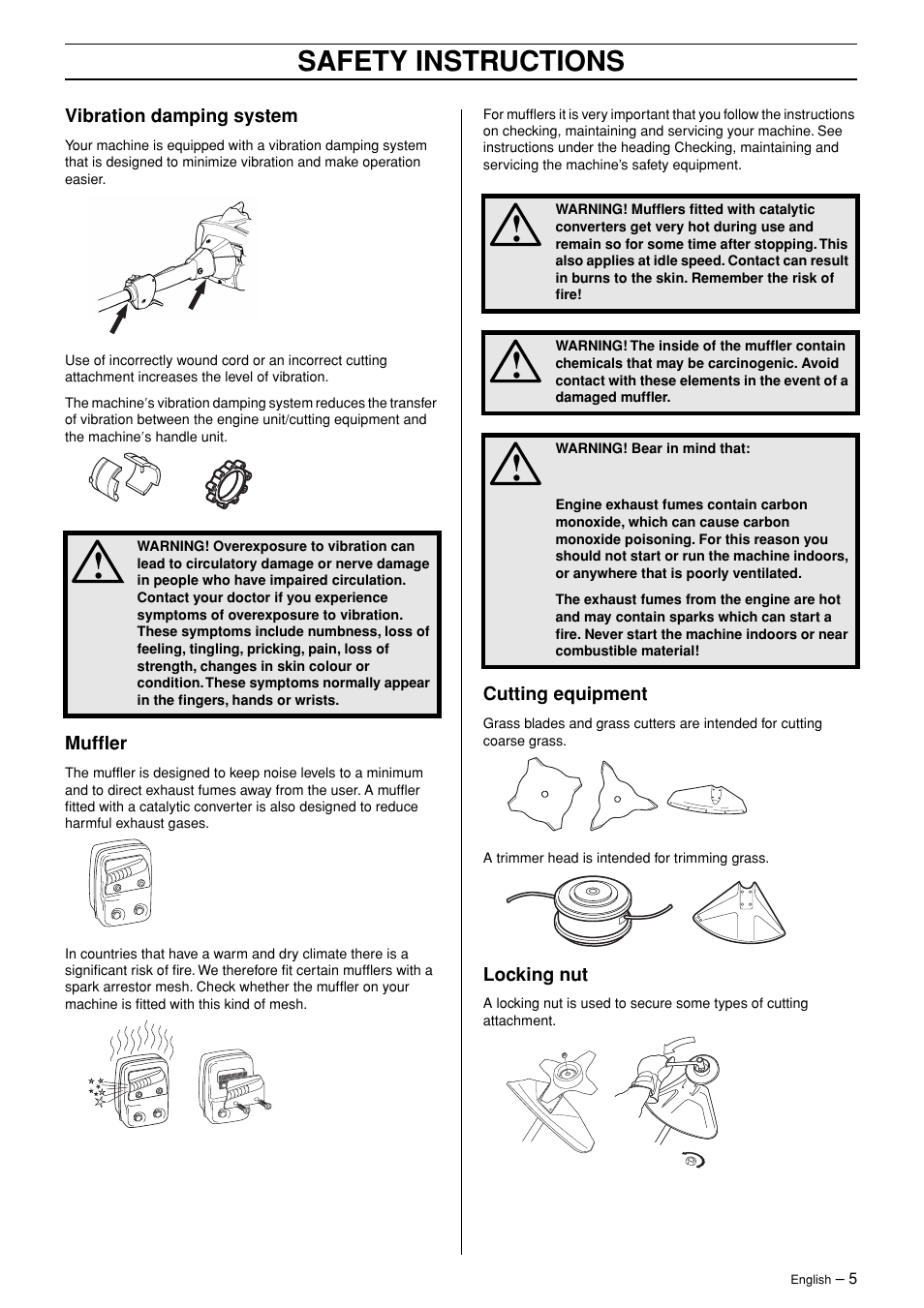 Vibration damping system, Muffler, Cutting equipment | Locking nut, Safety instructions | Husqvarna 323RJ  EN User Manual | Page 5 / 36