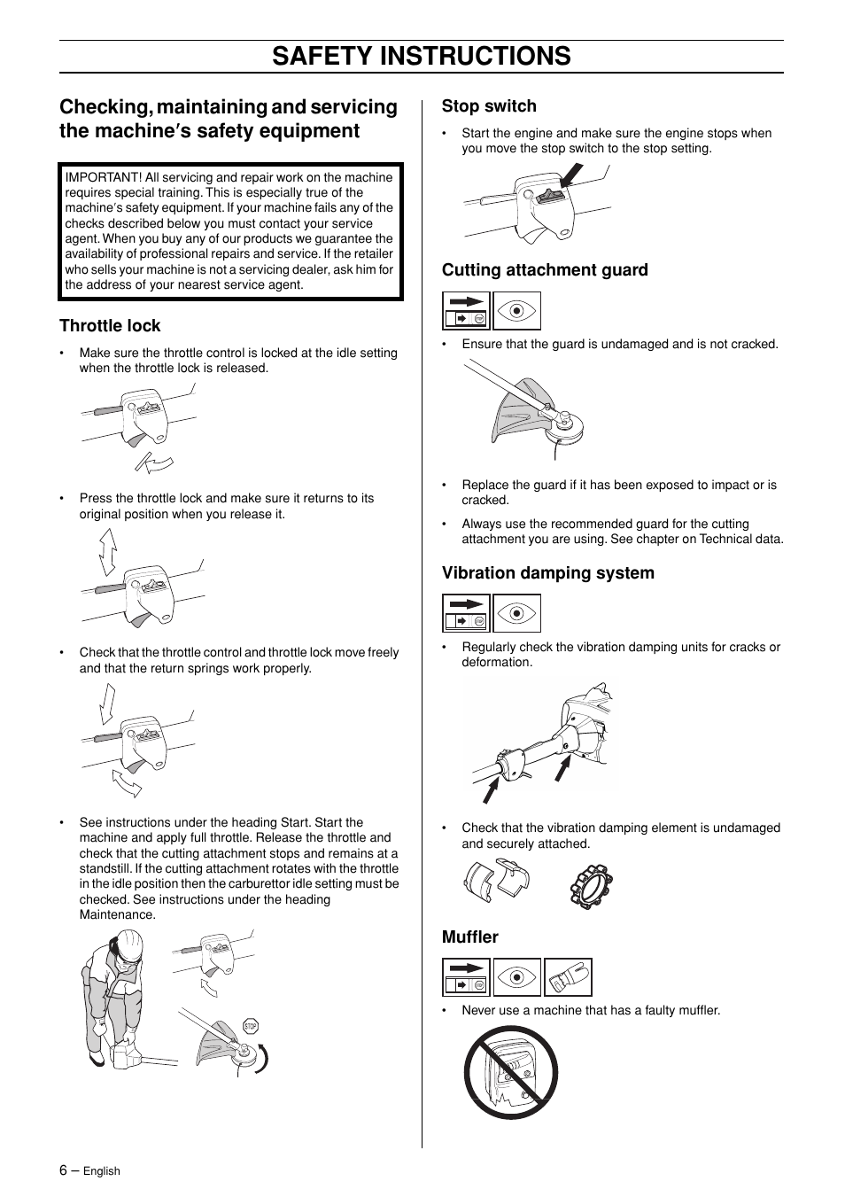 Throttle lock, Stop switch, Cutting attachment guard | Vibration damping system, Muffler, Safety instructions | Husqvarna 323RJ  EN User Manual | Page 6 / 36