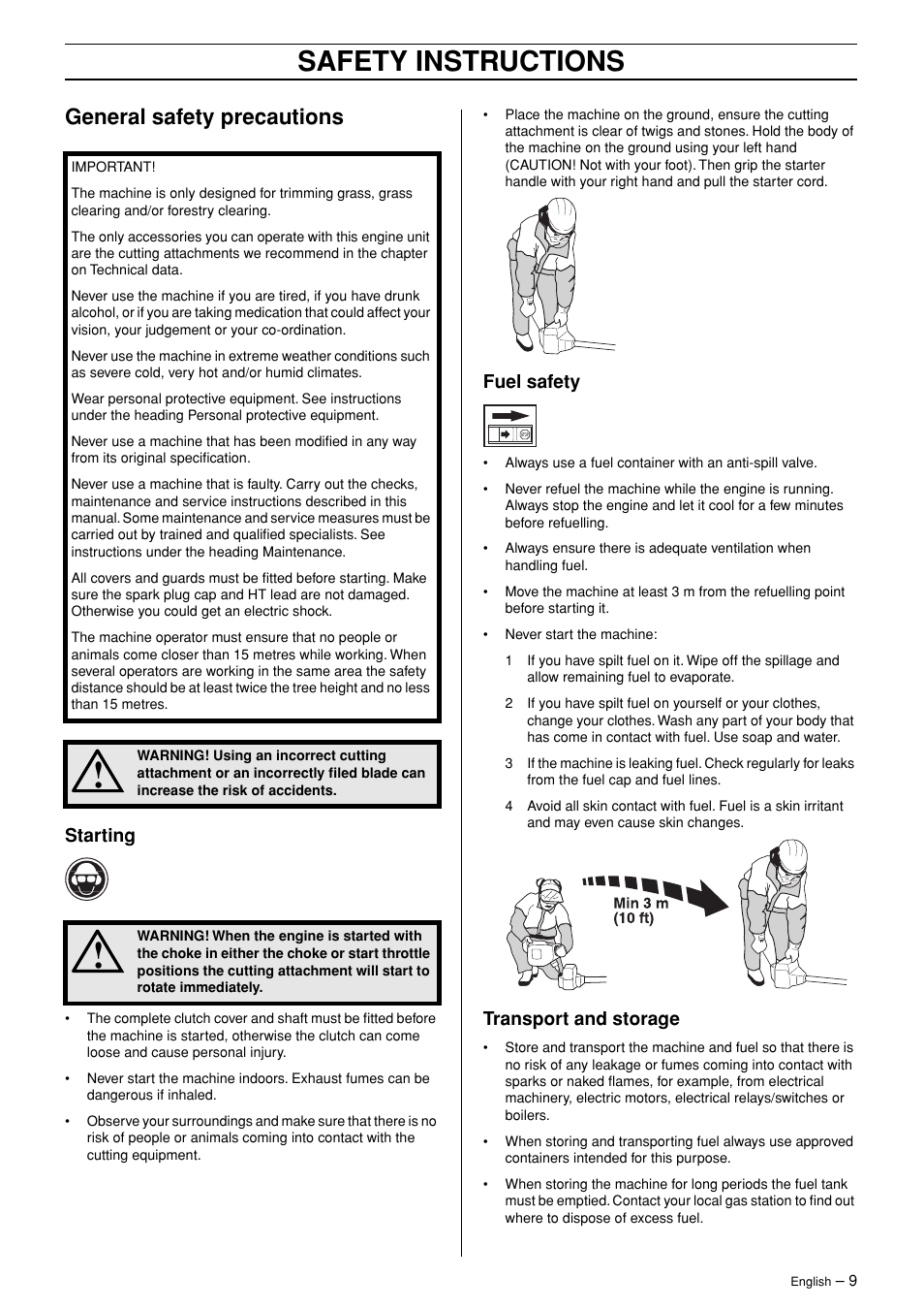 General safety precautions, Starting, Fuel safety | Transport and storage, Safety instructions | Husqvarna 323RJ  EN User Manual | Page 9 / 36