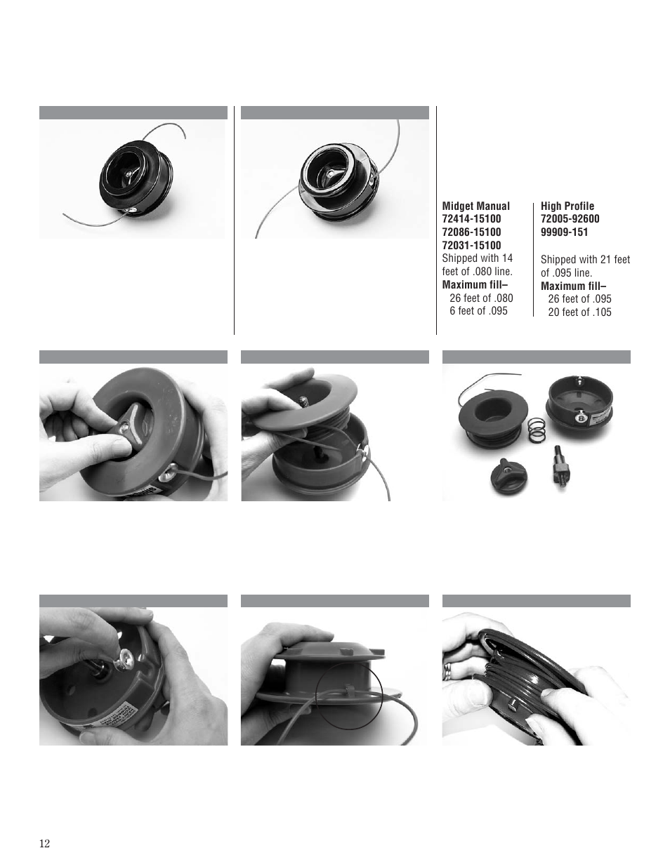 Miget / high profile manual, Midget manual and high profile trimmer heads, Installation instructions | Husqvarna 80792 User Manual | Page 12 / 28