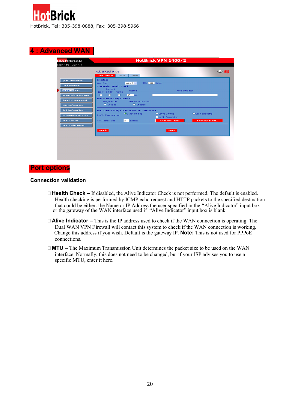 4 : advanced wan port options | HotBrick Dual WAN Firewall VPN 1400/2 User Manual | Page 20 / 76