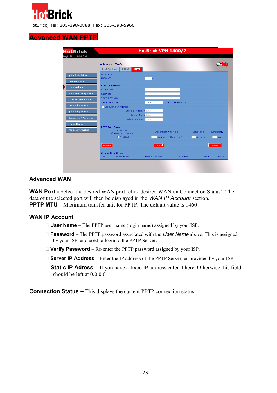 Advanced wan pptp | HotBrick Dual WAN Firewall VPN 1400/2 User Manual | Page 23 / 76
