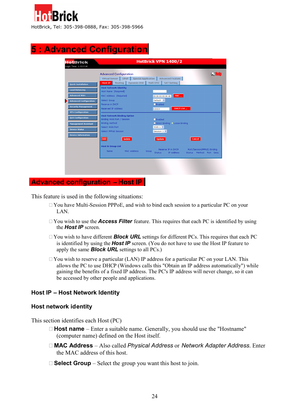 5 : advanced configuration, Advanced configuration – host ip | HotBrick Dual WAN Firewall VPN 1400/2 User Manual | Page 24 / 76