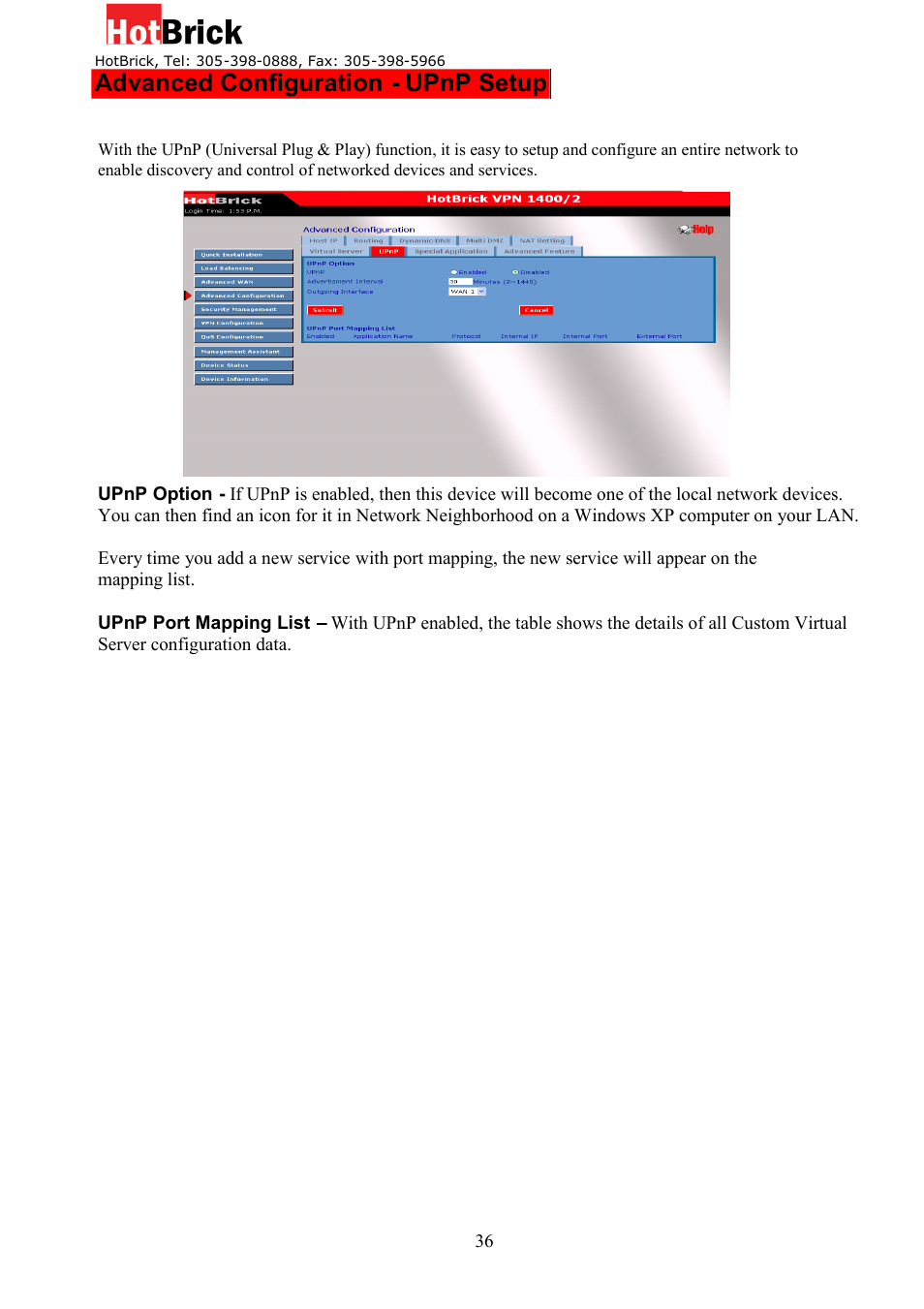 Advanced configuration - upnp setup | HotBrick Dual WAN Firewall VPN 1400/2 User Manual | Page 36 / 76