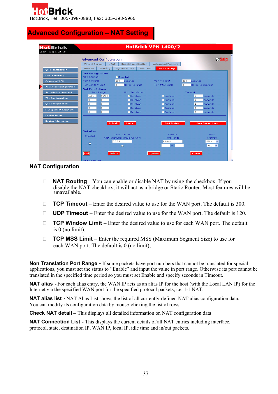 Advanced configuration – nat setting | HotBrick Dual WAN Firewall VPN 1400/2 User Manual | Page 37 / 76