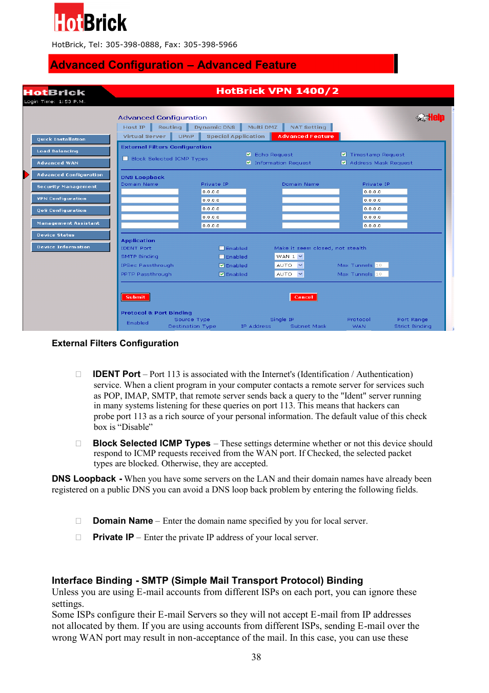 Advanced configuration – advanced feature | HotBrick Dual WAN Firewall VPN 1400/2 User Manual | Page 38 / 76