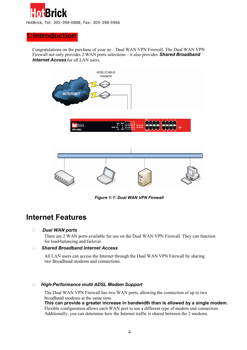 Introduction, Internet features | HotBrick Dual WAN Firewall VPN 1400/2 User Manual | Page 4 / 76