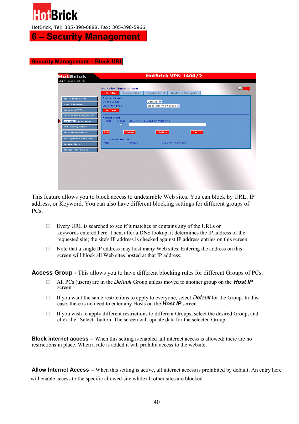 6 – security management | HotBrick Dual WAN Firewall VPN 1400/2 User Manual | Page 40 / 76