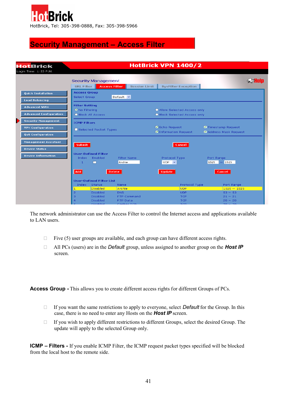 Security management – access filter | HotBrick Dual WAN Firewall VPN 1400/2 User Manual | Page 41 / 76