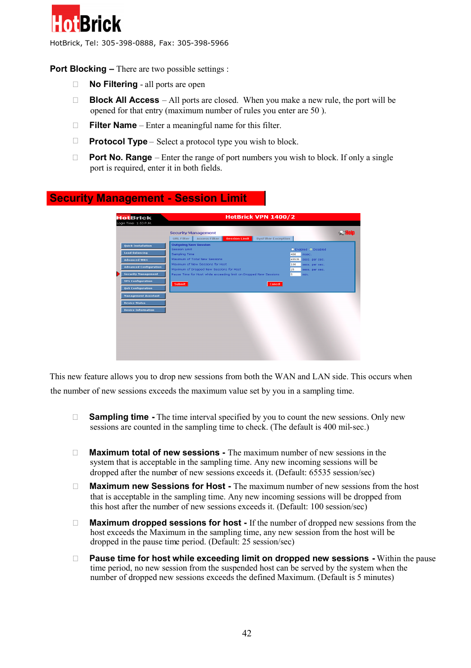Security management - session limit | HotBrick Dual WAN Firewall VPN 1400/2 User Manual | Page 42 / 76