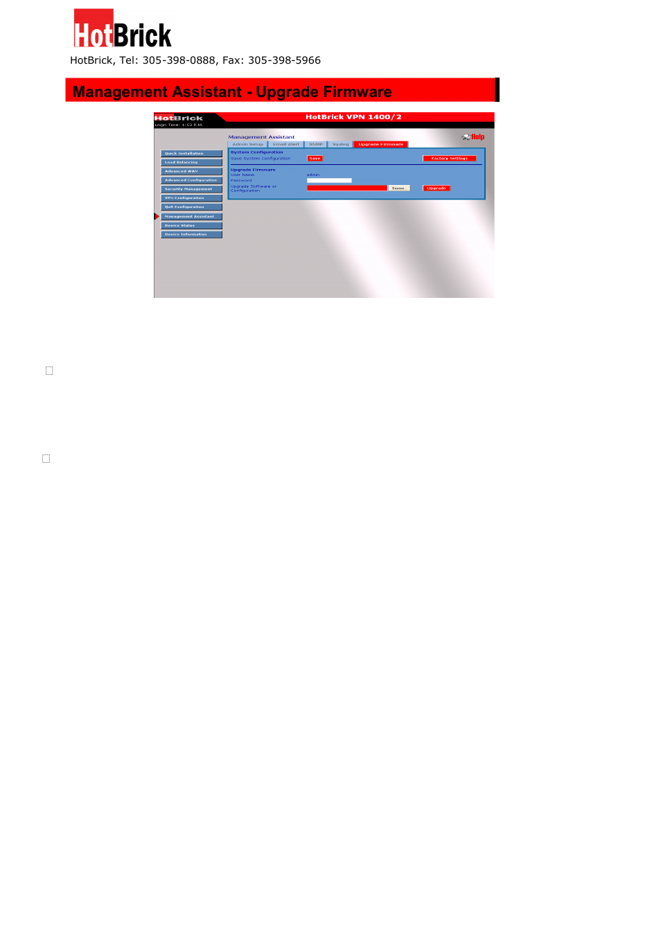 Management assistant - upgrade firmware | HotBrick Dual WAN Firewall VPN 1400/2 User Manual | Page 60 / 76