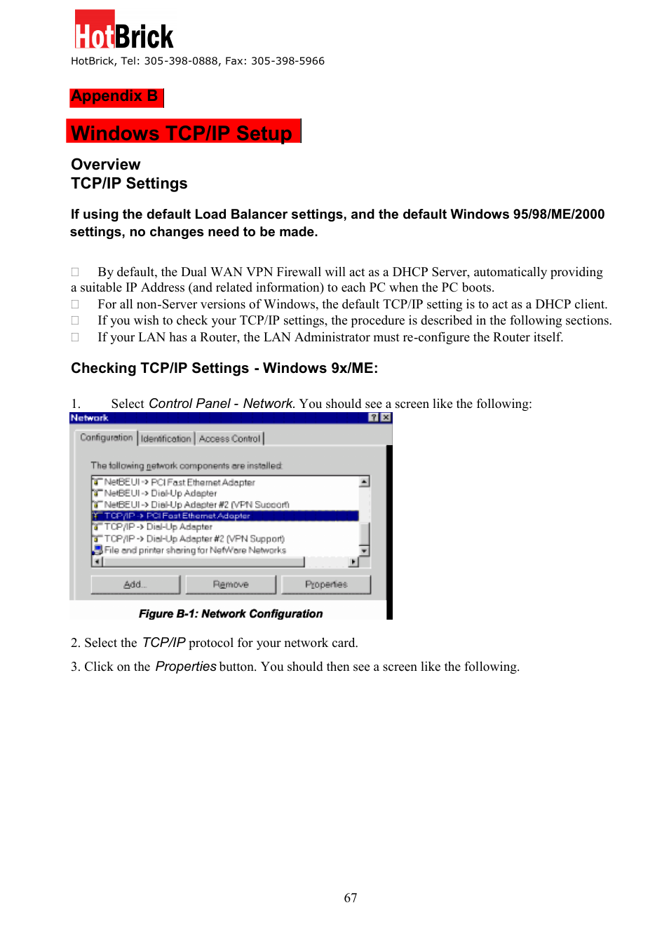Windows tcp/ip setup | HotBrick Dual WAN Firewall VPN 1400/2 User Manual | Page 67 / 76
