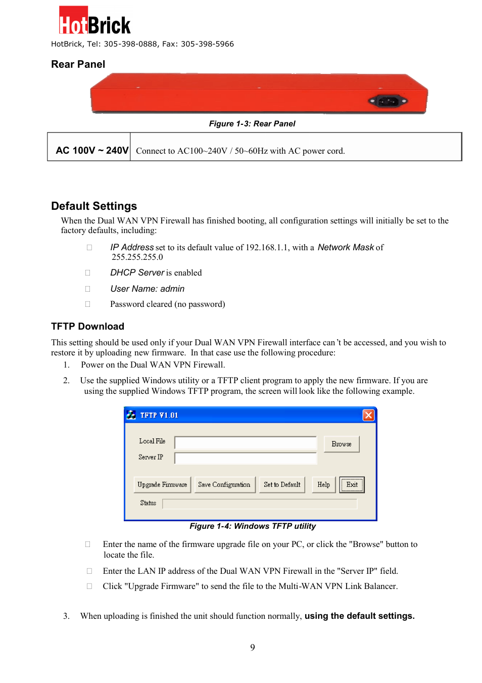 Default settings | HotBrick Dual WAN Firewall VPN 1400/2 User Manual | Page 9 / 76