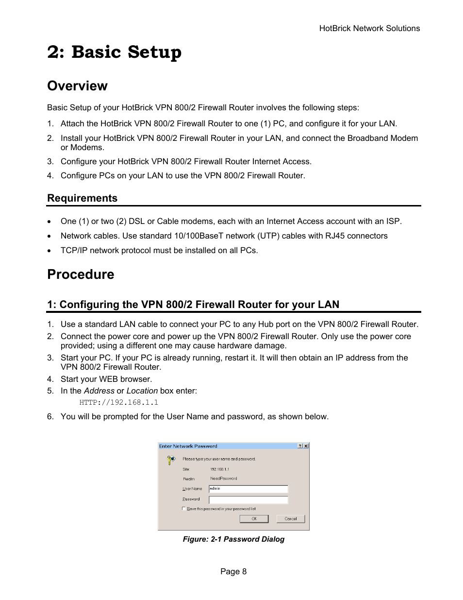 Basic setup, Overview, Procedure | HotBrick VPN 800 User Manual | Page 12 / 89