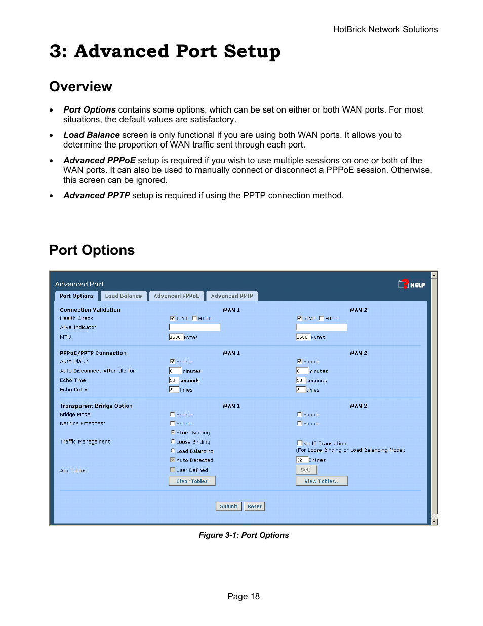 Advanced port setup, Overview, Port options | HotBrick VPN 800 User Manual | Page 22 / 89