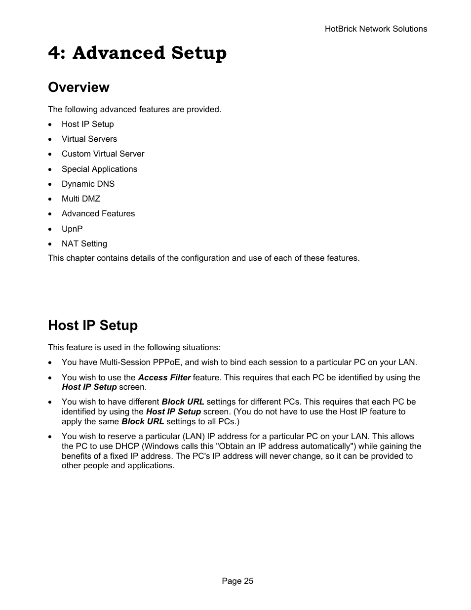 Advanced setup, Overview, Host ip setup | HotBrick VPN 800 User Manual | Page 29 / 89