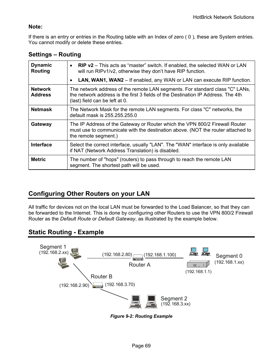 Configuring other routers on your lan, Static routing - example | HotBrick VPN 800 User Manual | Page 73 / 89