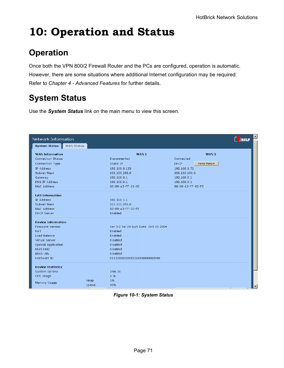 Operation and status, Operation, System status | HotBrick VPN 800 User Manual | Page 75 / 89