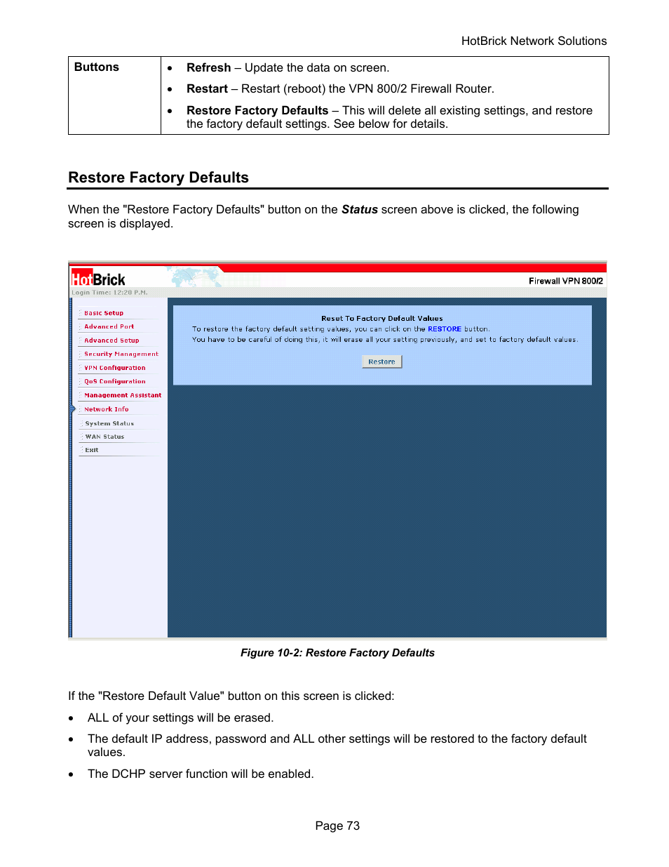 Restore factory defaults | HotBrick VPN 800 User Manual | Page 77 / 89