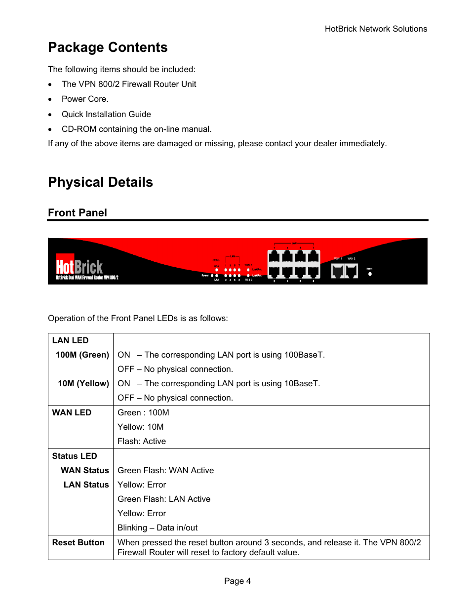 Package contents, Physical details | HotBrick VPN 800 User Manual | Page 8 / 89