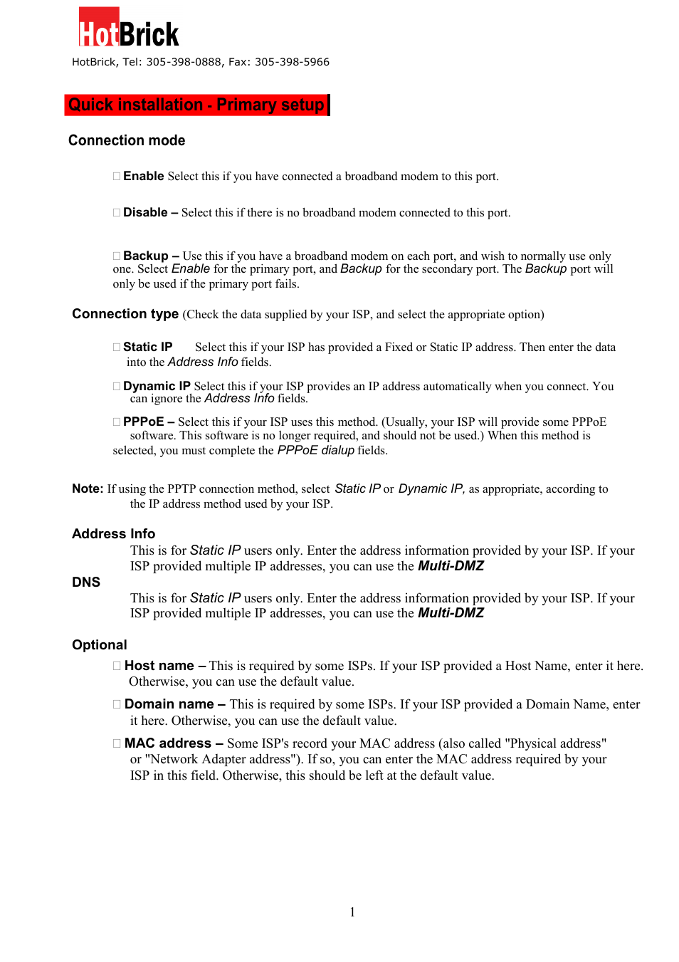 Quick installation, Primary setup | HotBrick VPN 800/8 F User Manual | Page 19 / 77