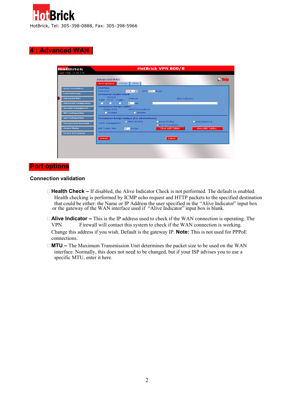 4 : advanced wan port options | HotBrick VPN 800/8 F User Manual | Page 21 / 77