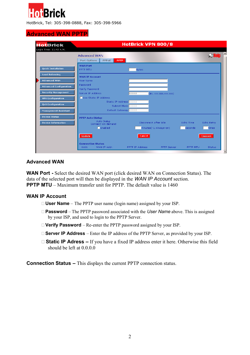 Advanced wan pptp | HotBrick VPN 800/8 F User Manual | Page 24 / 77