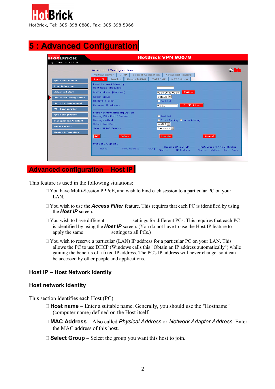 5 : advanced configuration, Advanced configuration – host ip | HotBrick VPN 800/8 F User Manual | Page 25 / 77