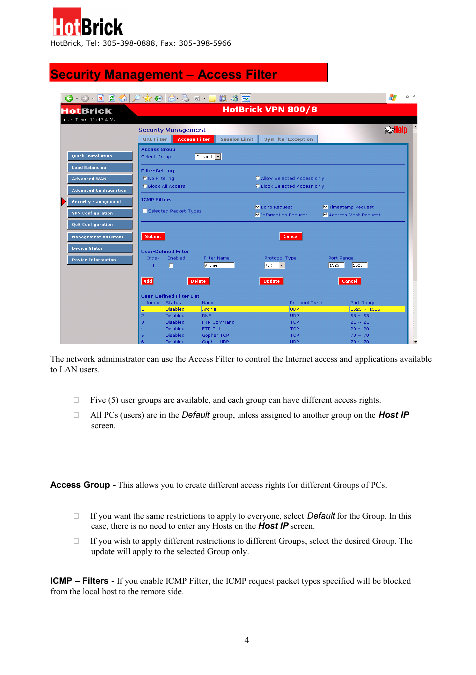 Security management – access filter | HotBrick VPN 800/8 F User Manual | Page 42 / 77