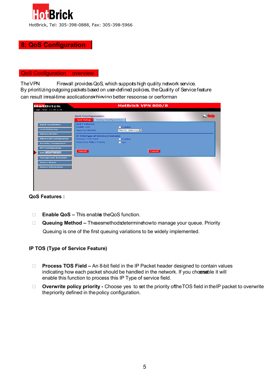 Qos configuration | HotBrick VPN 800/8 F User Manual | Page 55 / 77