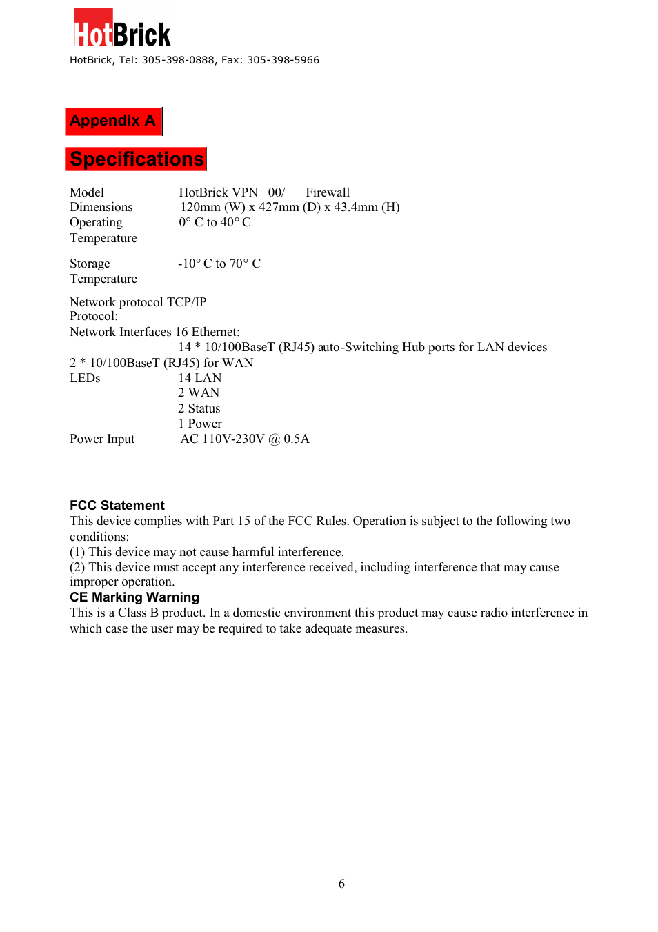 Specifications | HotBrick VPN 800/8 F User Manual | Page 68 / 77