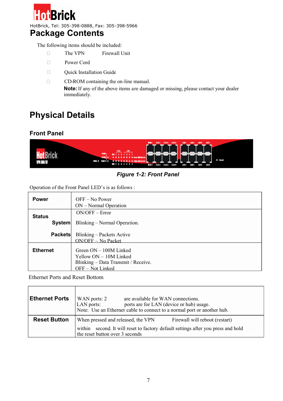 Package contents, Physical details | HotBrick VPN 800/8 F User Manual | Page 7 / 77