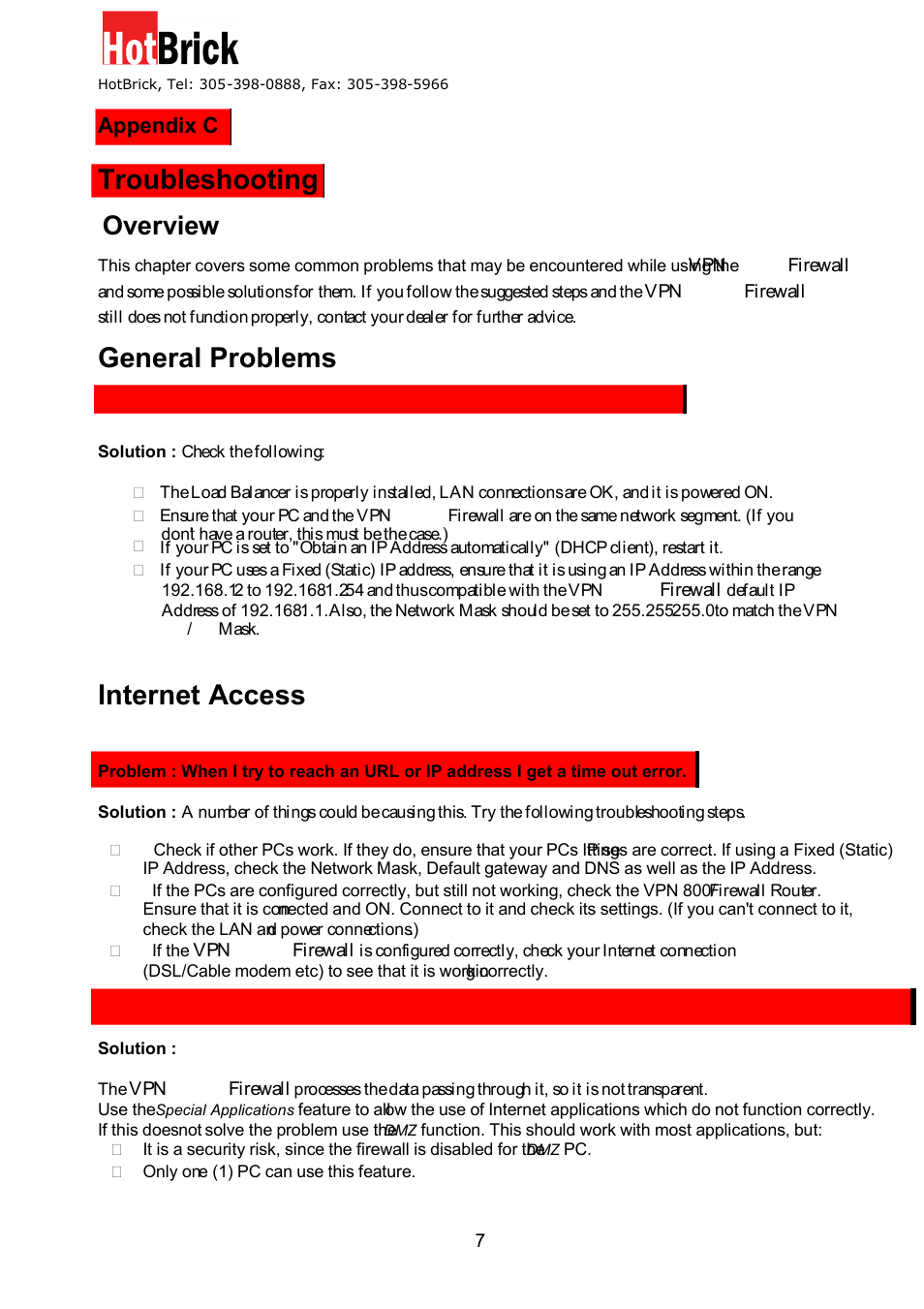 Troubleshooting, General problems, Internet access | Overview, Appendix c | HotBrick VPN 800/8 F User Manual | Page 75 / 77