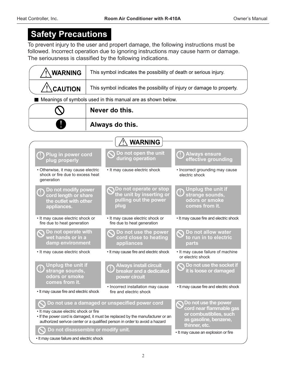 Safety precautions, Warning always do this. never do this, Caution | Warning | Heat Controller RAD-123H User Manual | Page 3 / 18