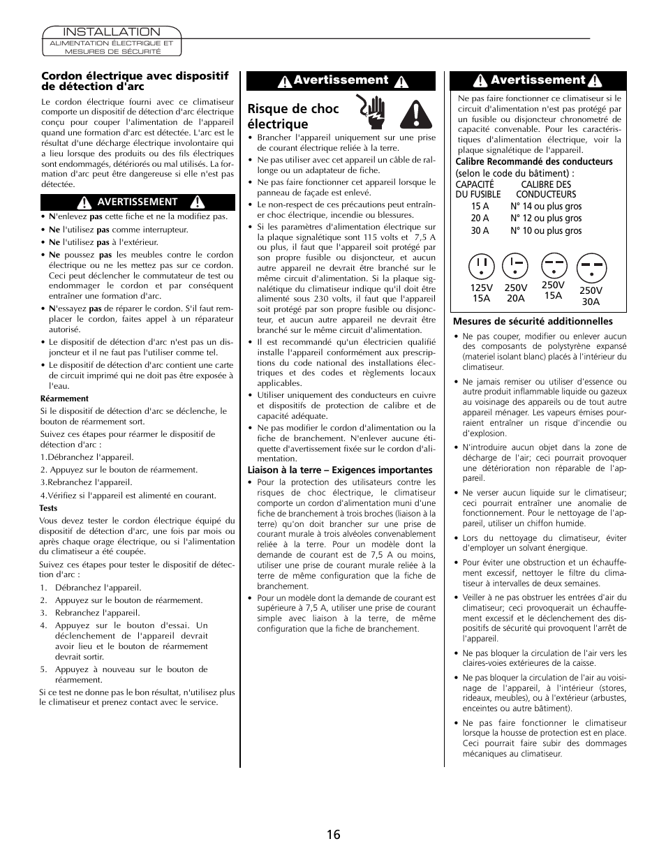 Risque de choc électrique, Avertissement | Heat Controller Comfort Air User Manual | Page 16 / 24
