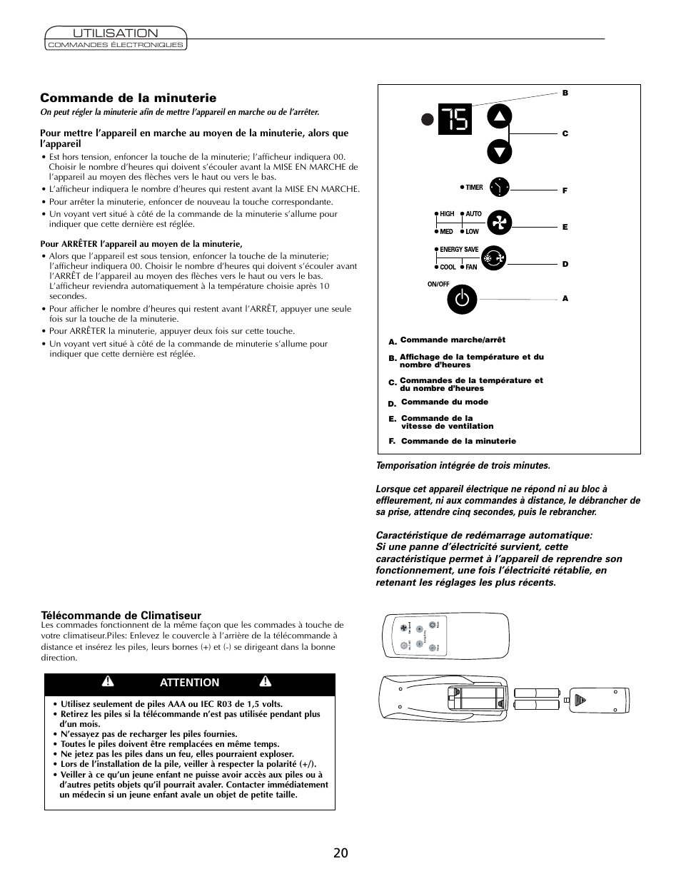Commande de la minuterie, Utilisation, Télécommande de climatiseur | Attention | Heat Controller Comfort Air User Manual | Page 20 / 24