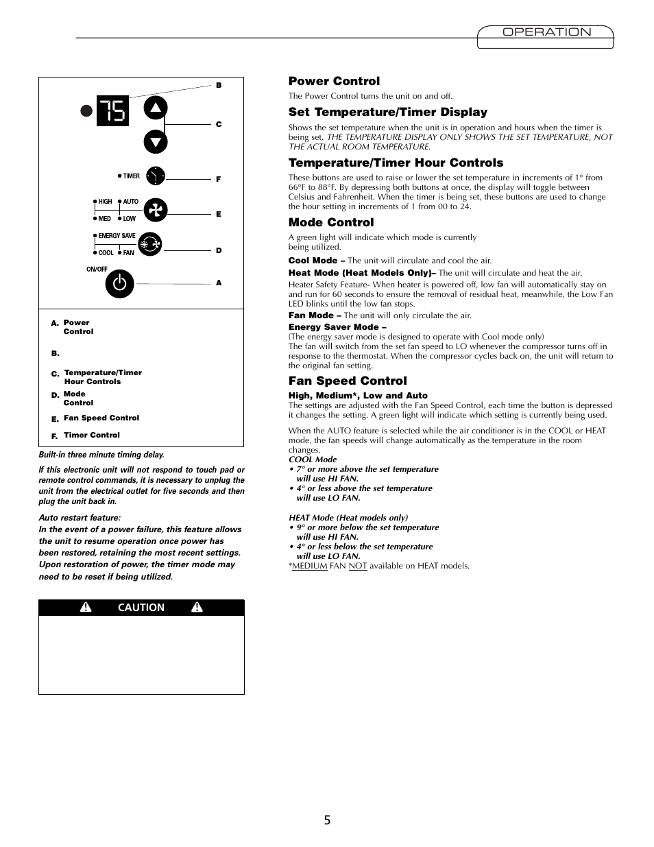 Power control, Set temperature/timer display, Temperature/timer hour controls | Mode control, Fan speed control | Heat Controller Comfort Air User Manual | Page 5 / 24