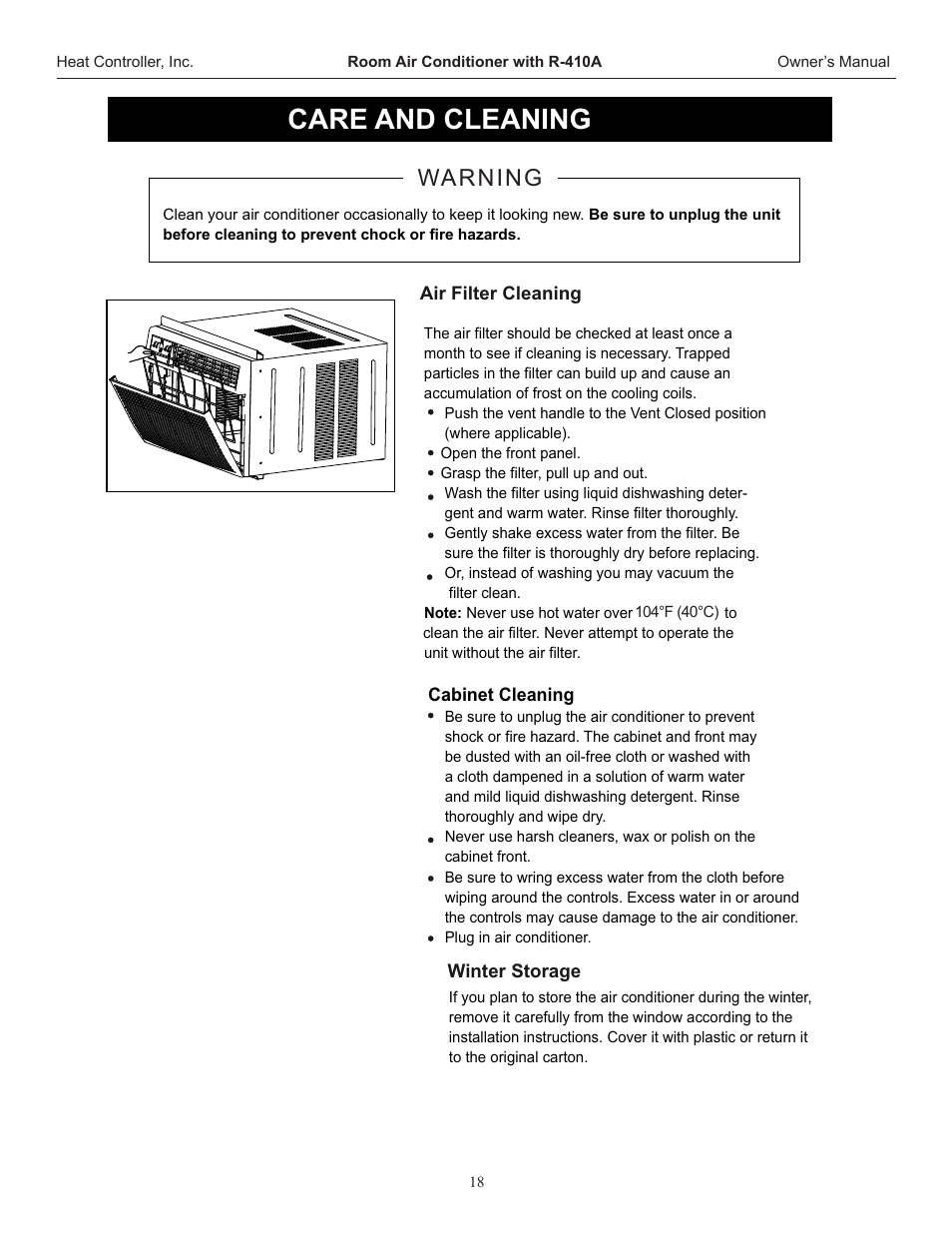 Caution, Care and cleaning, Warning | Heat Controller REG-253H User Manual | Page 19 / 22