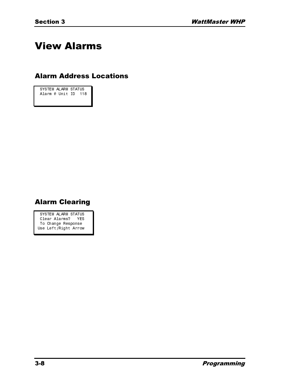 View alarms, Alarm address locations alarm clearing | Heat Controller Water Source Heat Pump User Manual | Page 56 / 126