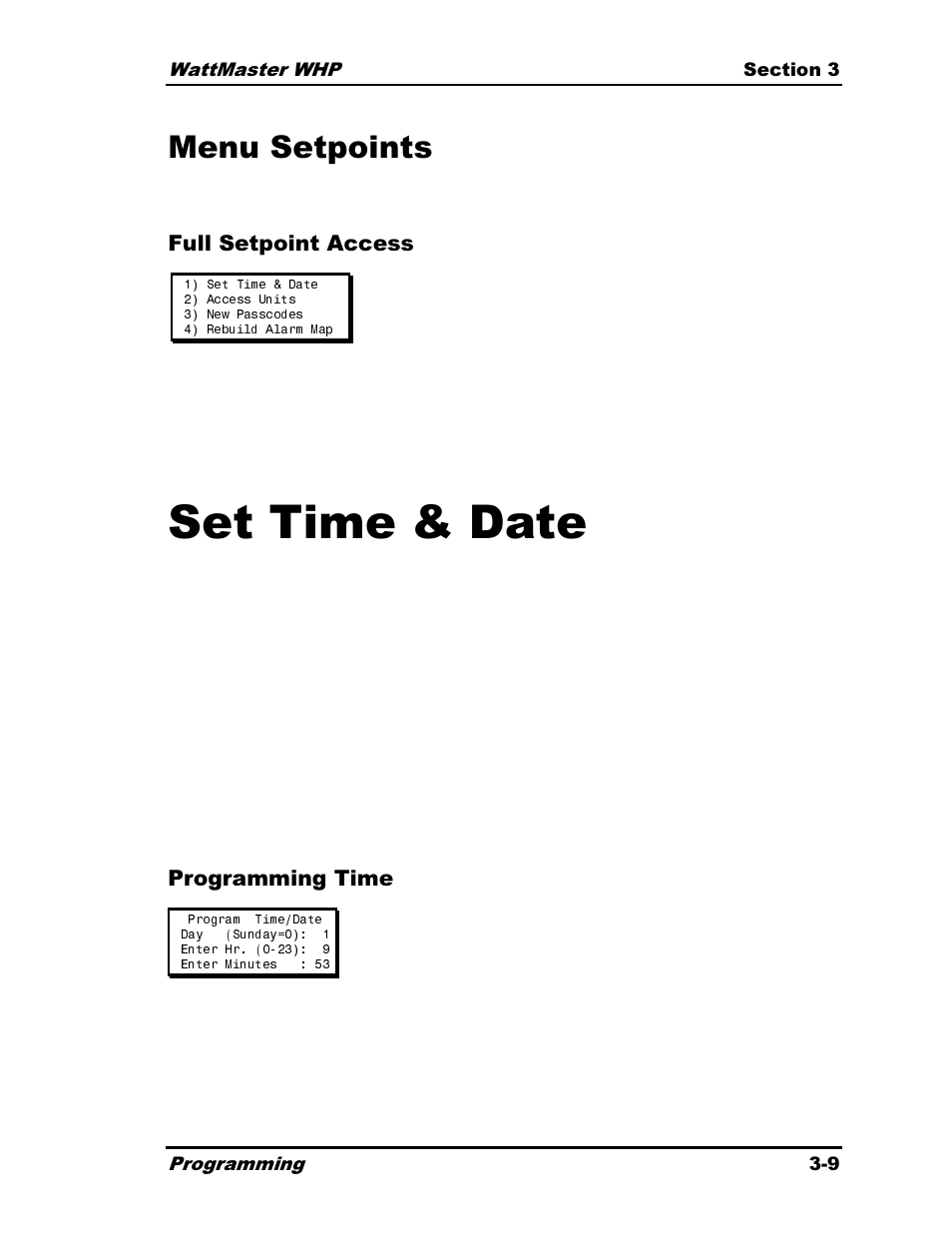 Set time & date, Menu setpoints | Heat Controller Water Source Heat Pump User Manual | Page 57 / 126