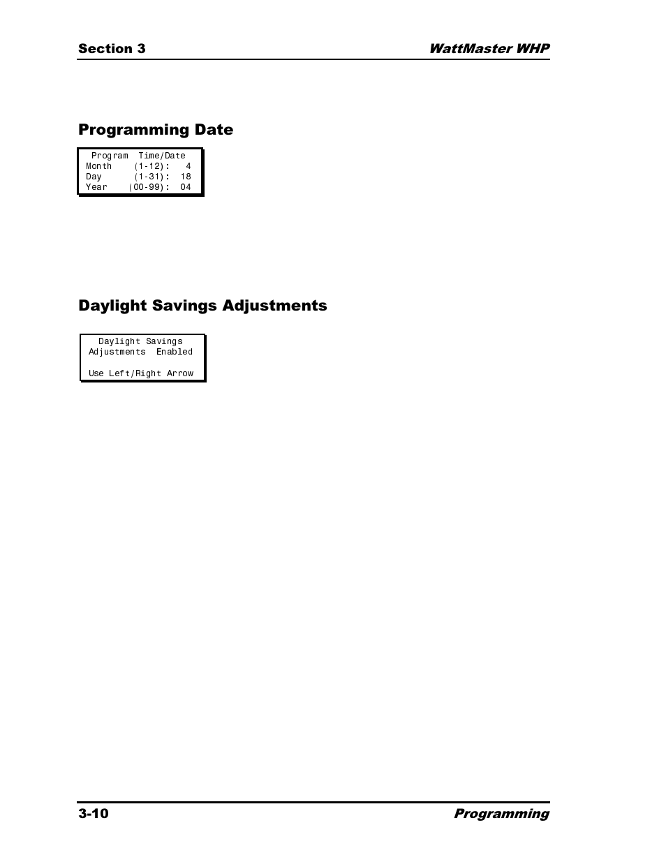 Programming date daylight savings adjustments | Heat Controller Water Source Heat Pump User Manual | Page 58 / 126